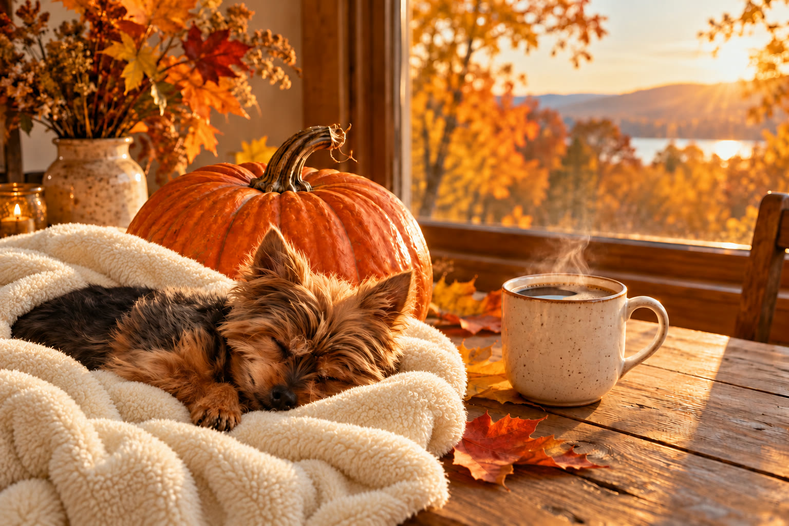 Tyson sleeps in a soft off-white blanket beside a pumpkin and steaming coffee, with autumn leaves glowing outside